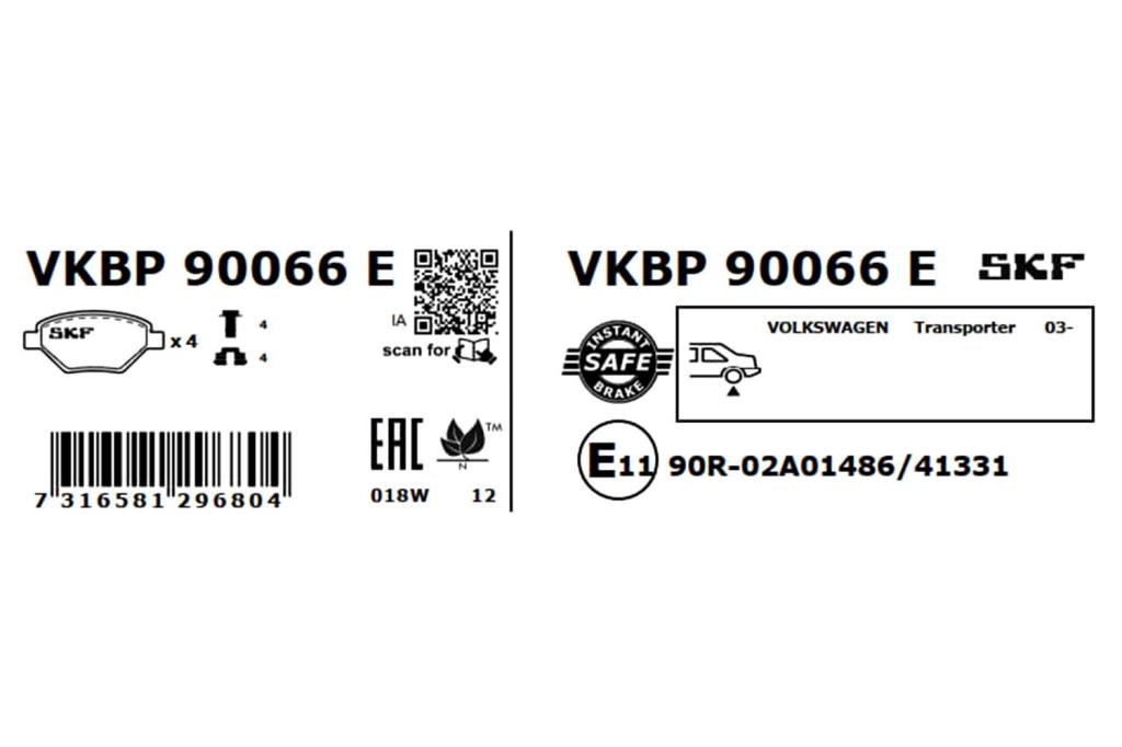 Jeu de 4 plaquettes de frein SKF ref. VKBP 90066 E
